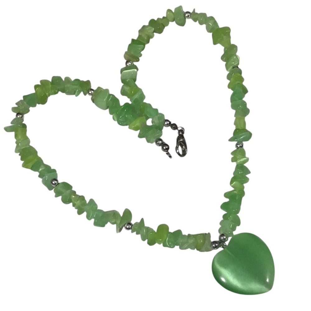 Apple Green Heart Necklace Puffed Chipped Beaded Jewelry